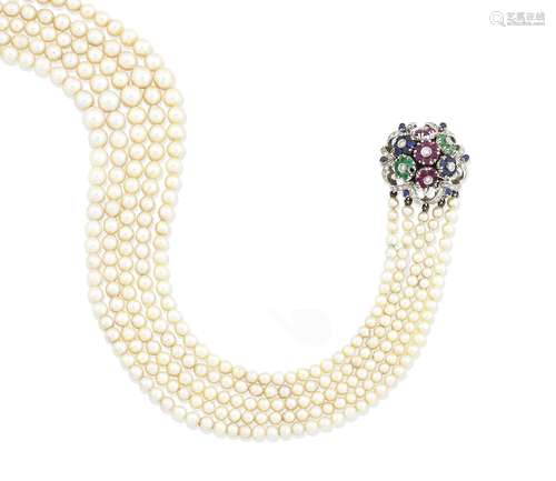 A cultured pearl necklace with a gem-set clasp