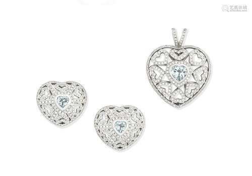 (2) An aquamarine and diamond pendant and earring suite, by Theo Fennell