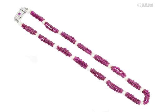 A ruby, cultured pearl and diamond necklace