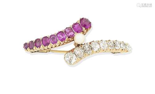 A ruby, diamond and pearl brooch