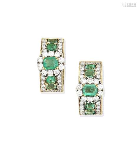 A pair of emerald and diamond cluster earrings