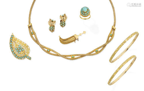 (7) A collection of turquoise jewellery, a novelty brooch, and two bangles