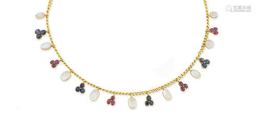 A sapphire, ruby and moonstone necklace