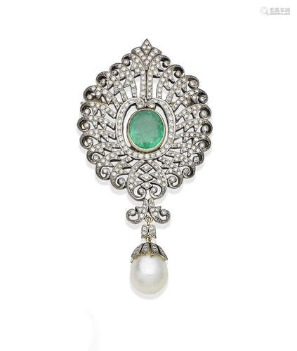 An emerald, cultured pearl and diamond brooch/pendant