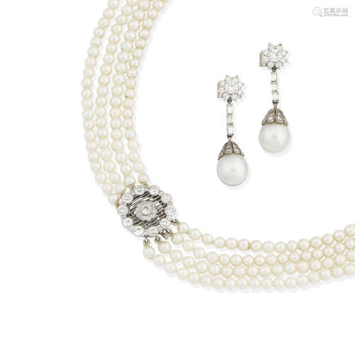 (2) A cultured pearl choker and a pair of cultured pearl and diamond pendent earrings