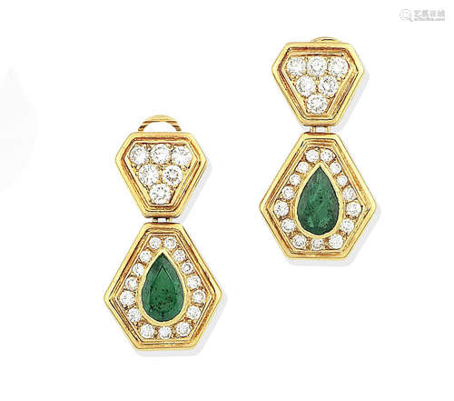 A pair of emerald and diamond pendent earrings