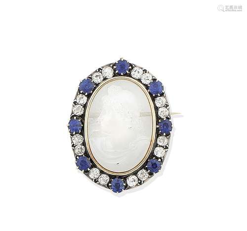 A moonstone cameo, sapphire and diamond brooch, circa 1890