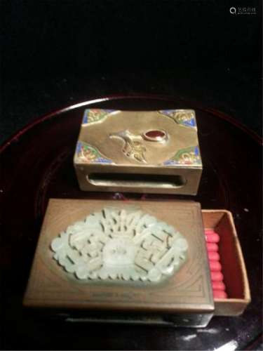 2 ANTIQUE CHINESE JADE MATCH BOX