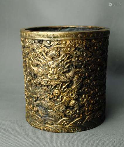 A Branze Brushpot Carved in Dragons in Cloud from Qing