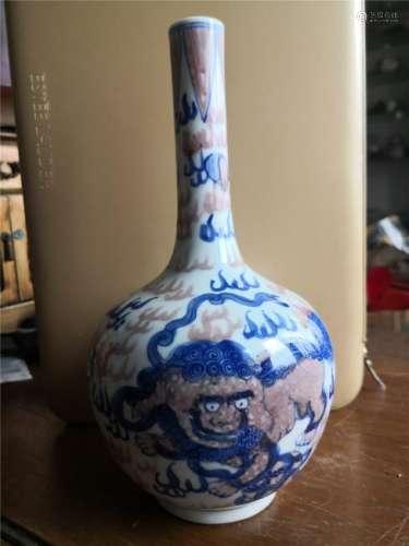 Qing Emperor Kangxi blue and white glaze red unicorn