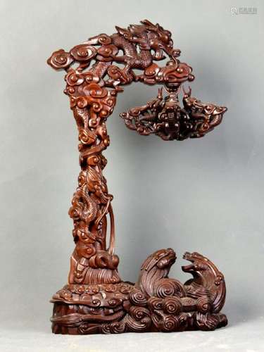 A Zitan Pen Holder Sculpted with Dragons through Clouds