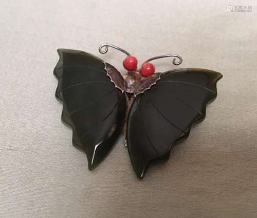 Hetian Green Jade Butterfly pendant/brooch with coral,