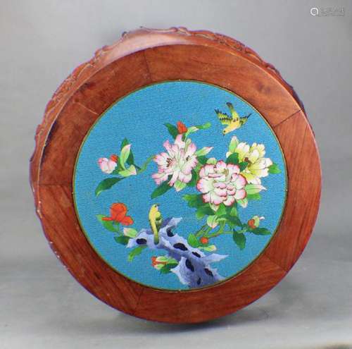 A ROSEWOOD STOOL WITH ClOISONNE TOP