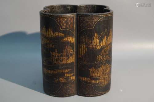 Qing Dynasty Gilt Mountain and Water Brush Pot