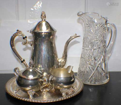 A Set of Silver Coffee Pot with a Cristal Waterpot, BH: