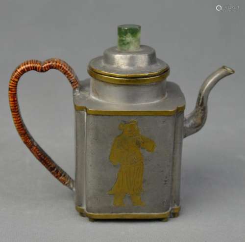 A Tin Teapot Planted in Gold Figures from Qing Dynasty