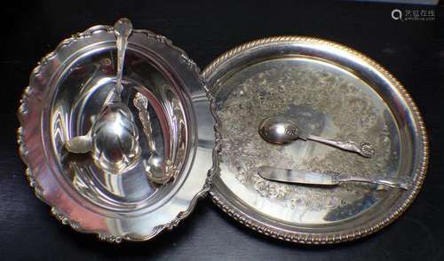 Two Big Silver Plates with 5Ps Silver St Spoon & Knifes