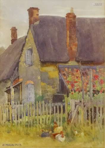 Hens outside a Cottage, watercolour signed by Arthur C Morgan Smith (British exh.