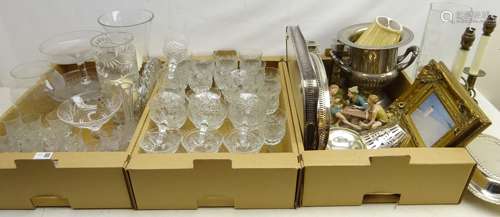 Silver-plated campagna shaped wine cooler, two silver-plated trays, pair modern candlesticks,