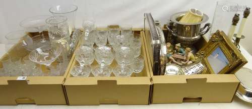 Silver-plated campagna shaped wine cooler, two silver-plated trays, pair modern candlesticks,