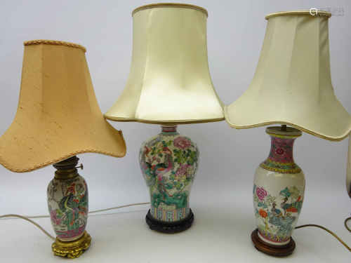 Chinese Famille verte baluster table lamp on hardwood stand,