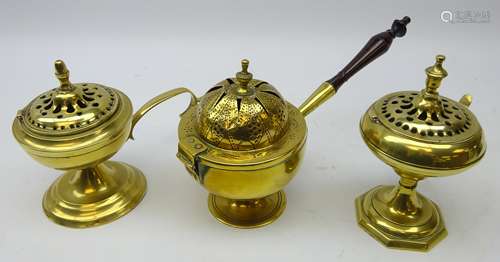 19th century Eastern brass incense burner with turned handle and pierced hinged lid,