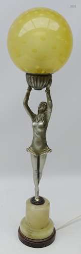 Art Deco silvered spelter table lamp modelled as a lady dancer holding a globular glass shade below