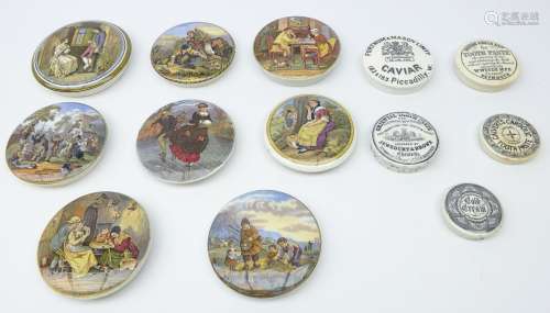 Eight 19th century Prattware pot lids; 'I See You My Boy', 'A Pair', 'The Best Card',