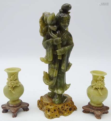 20th century Chinese carved jade figure of Kuan Yin H24cm and a pair jade vases (3)