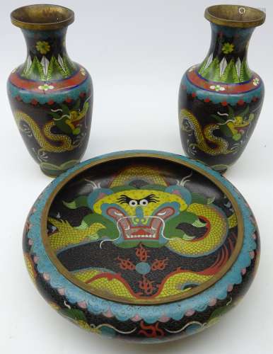 Pair 20th century Chinese Cloisonne baluster vases decorated with five clawed Dragons chasing the