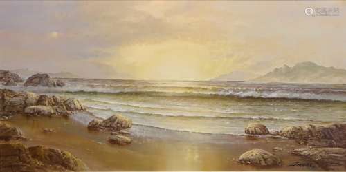 Sunrise on the Seashore, 20th century oil on board signed Jacobi 44.5cm x 89.