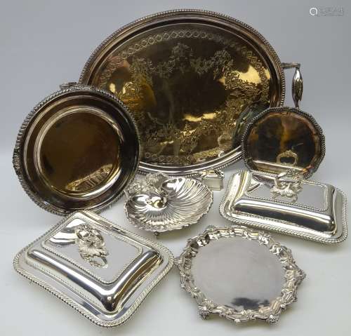Large two handled silver-plated tea tray, L64cm, two tureens, three silver-plated salvers,