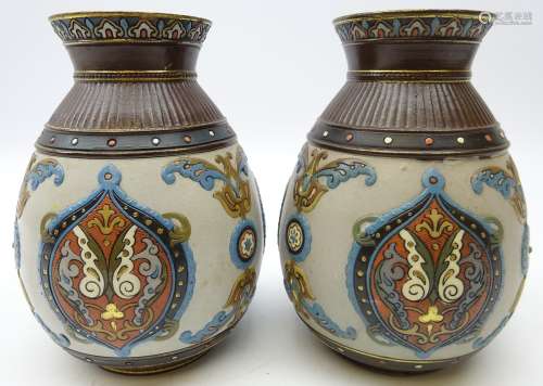 Pair Mettlach bulbous vases c1900, stylistically moulded with foliate scrolls,