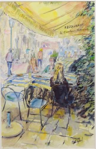 Cafe Scene, 20th century watercolour signed by Peter Wood 53.5cm x 34.