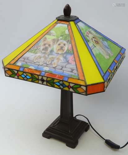 Tiffany style table lamp with four Yorkshire Terrier leaded glass panels,