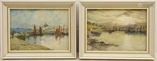 Fishing Boats in the Harbour, two watercolours signed by Thomas Swift Hutton (British c.