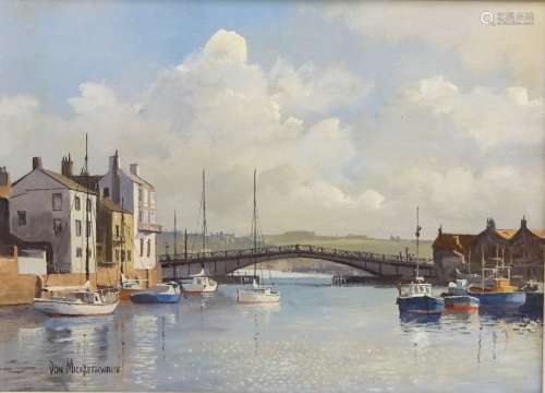 Whitby Swing Bridge, oil on canvas board signed by Don Micklethwaite (British 1936-) 31.
