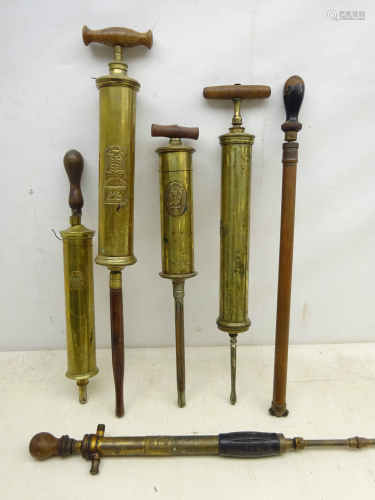 Four 19th century brass veterinary syringes incl. Day & Sons Crewe, Arnold & Sons etc, Eclipse No.