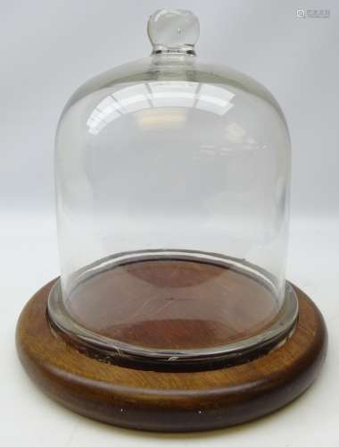 Early 20th century clear glass cheese dome on circular mahogany base,