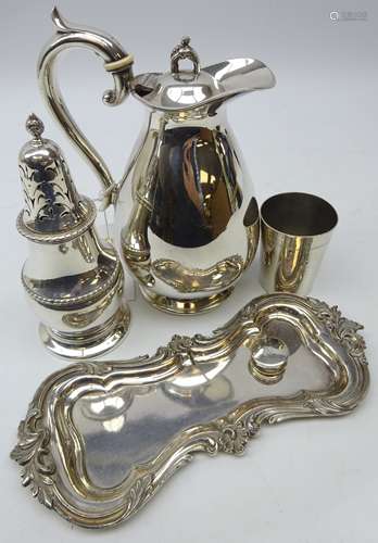 Silver-plated castor, silver pill box, hot water jug,