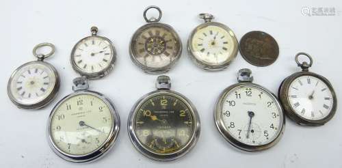 Five continental silver and enamel pocket watches and three Ingersol chrome pocket watches