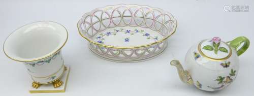 Three pieces Herend porcelain comprising Cornflower Garland pierced basket, L21cm,