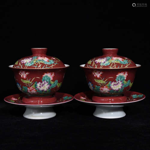 PAIR OF YONGZHENG MARK RED-GLAZED FAMILLE ROSE CUPS WITH COVERS