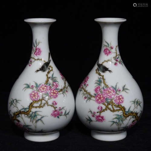 PAIR OF YONGZHENG MARK FAMILLE ROSE YUHUCHUNPING VASE