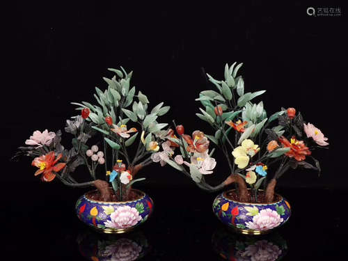 PAIR OF CLOISONNE BONSAIS WITH GEMS DESIGNED