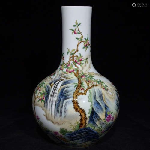 A YONGZHENG MARK ENAMELED BOTTLE VASE OF LANDSCAPE PAINTING