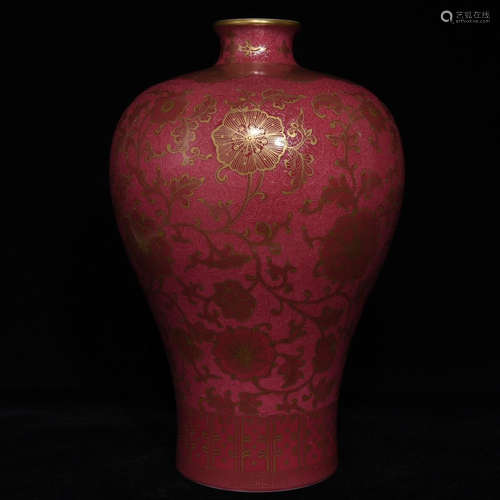 A YONGZHENG MARK RED-GALZED MEIPING VASE WITH GOLD IN LINE