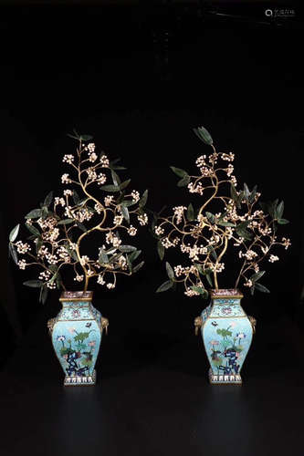 PAIR OF QIANLONG MARK CLOISONNE VASES WITH PEARL AS FLOWERS DESIGNED