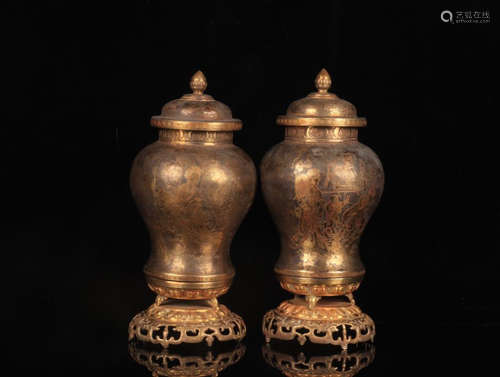 PAIR OF GILT SILVER VASES WITH POETRY&STORY CARVING