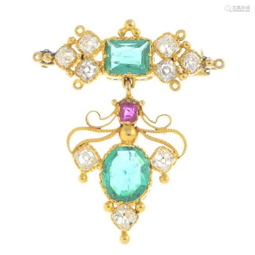 A 19th century 18ct gold Colombian emerald, diamond and